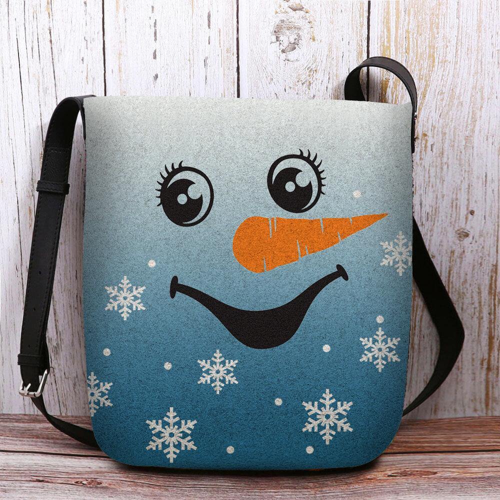 Bolso bandolera con estampado de copos de nieve y muñeco de nieve con sonrisa navideña festiva para mujer 