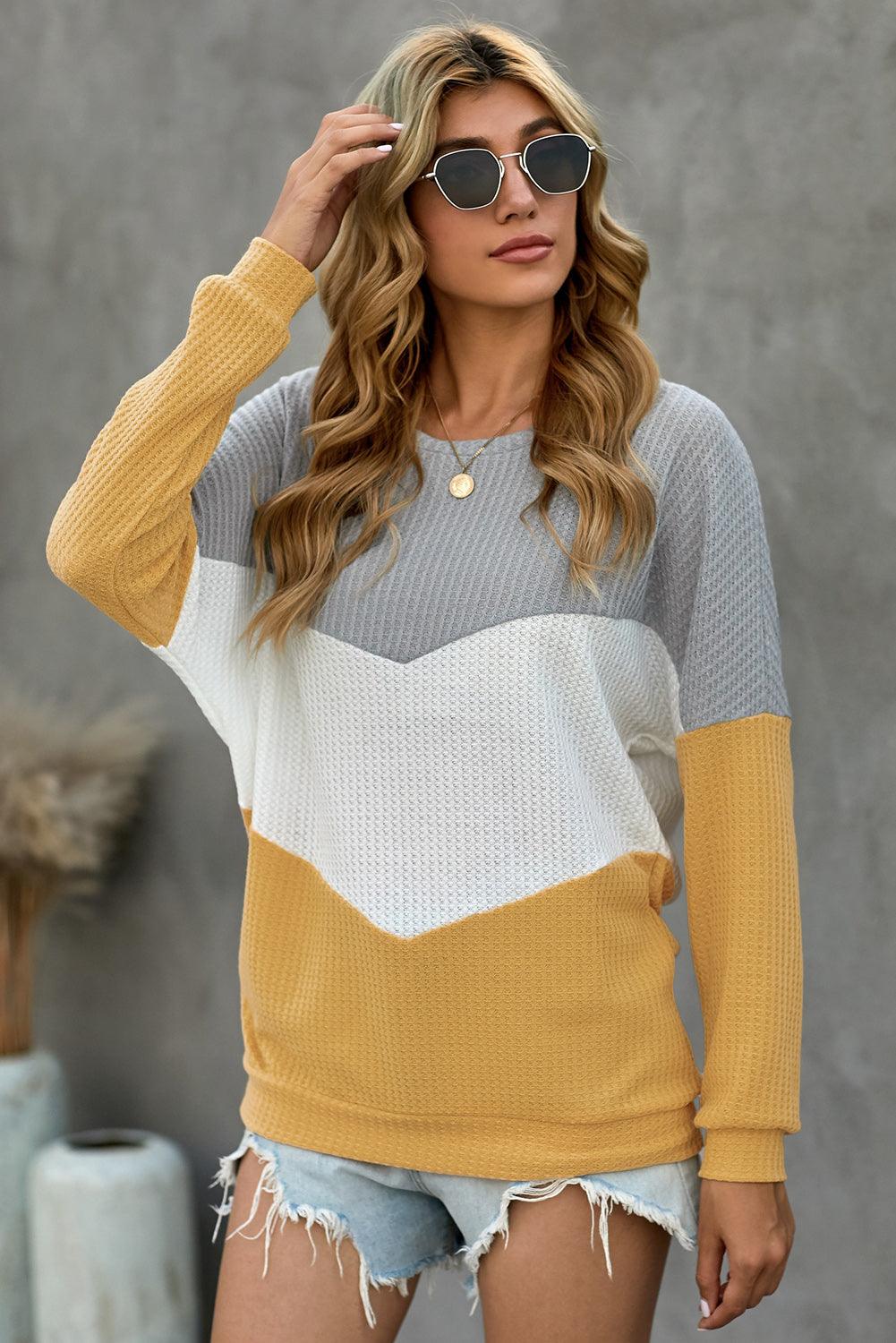 Color Block Chevron Waffle Pullover Sweatshirt