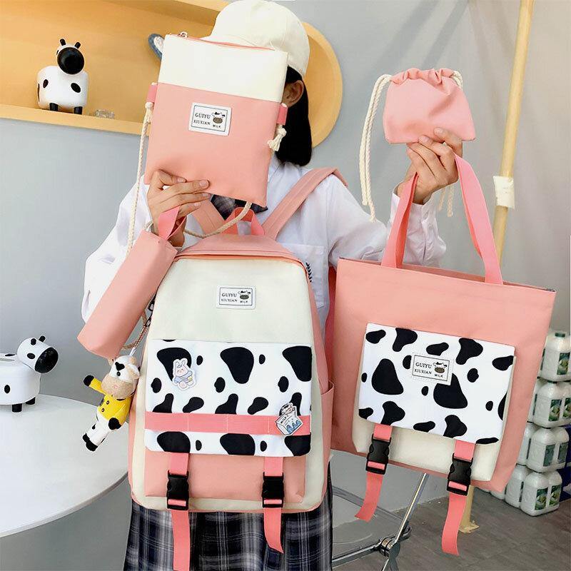 5 PCS Canvas Preppy Cow Pattern Multifunction Combination Bag Backpack Tote Crossbody Bag Clutch Wallet