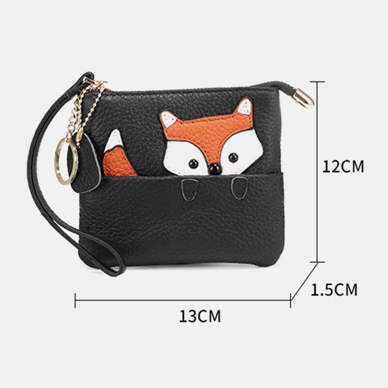 Damen-Geldbörse aus echtem Leder, lässig, niedlich, Outdoor, Cartoon-Tier-Fuchs-Muster, kleine Münztasche 