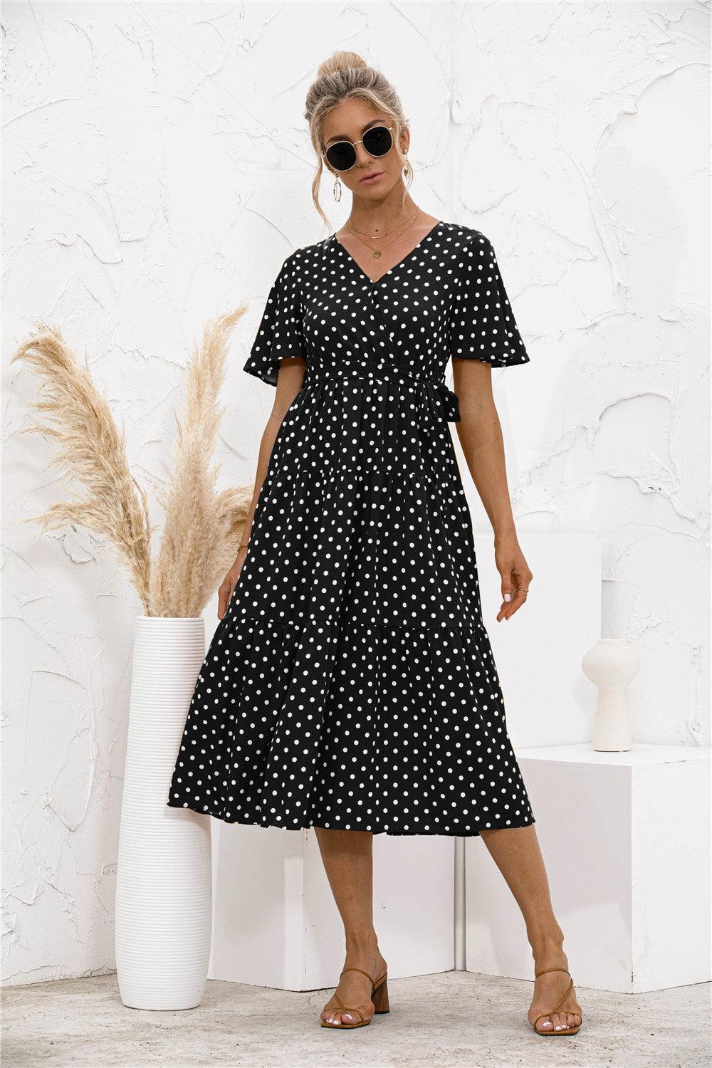 Polka Dot V Neck Belted Dress