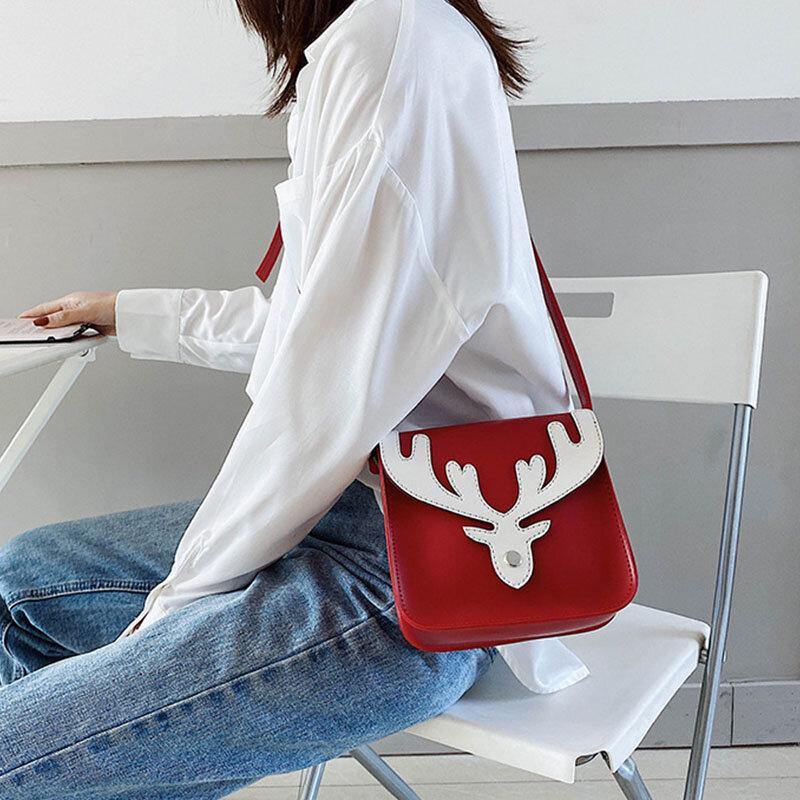 Bolso cuadrado pequeño con diseño de alces de Navidad en color de contraste de piel sintética para mujer, bolso cruzado, bolso de hombro 