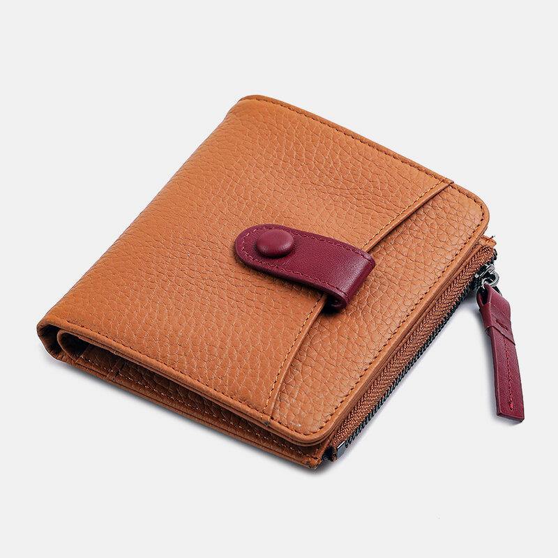 Women Genuine Leather Bifold Hasp Zipper Multifunction Coin Purse Money Clip Short Wallet