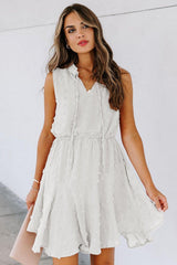 Split Neck Pom Pom Textured Flowy Dress