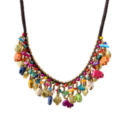 Boho style semi-precious stone necklace Thai wax thread braided clavicle chain women