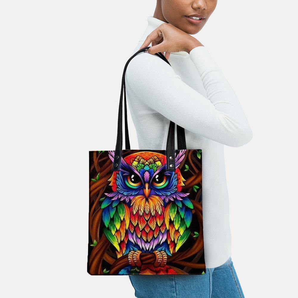 Bolso de mano de cuero con patrón de estampado de búho en color, bolso de hombro con pegatina, bolso de mano con bolso pequeño incorporado 