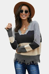 Colorblock-Pullover mit Distressed-Saum