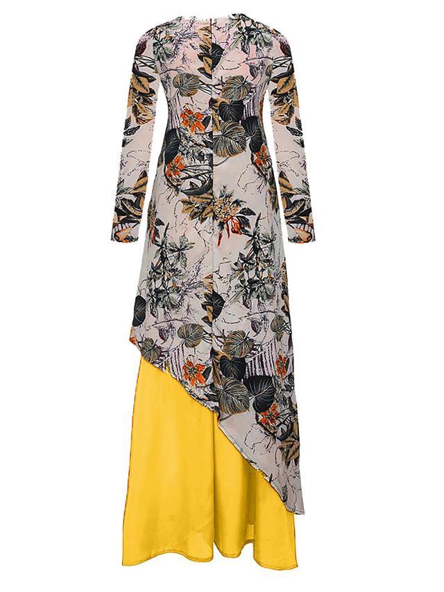 Women's Swing Dress Maxi long Dress Long Sleeve Color Block V Neck Plus Size Hot White Yellow M L XL XXL 3XL 4XL 5XL