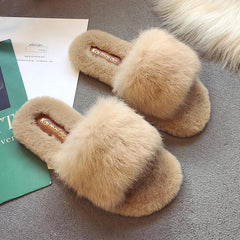 Womens Open Toe Fluffy Furry Fur Comfy Slippers