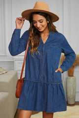 Button Up Ruffle Hem Denim Dress