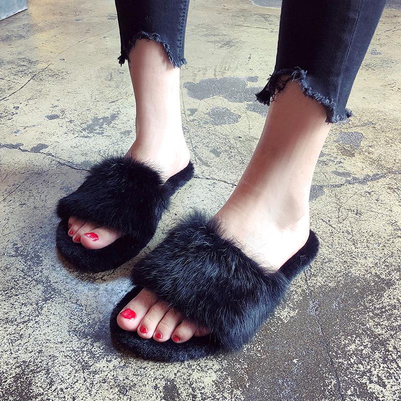 Womens Open Toe Fluffy Furry Fur Comfy Slippers