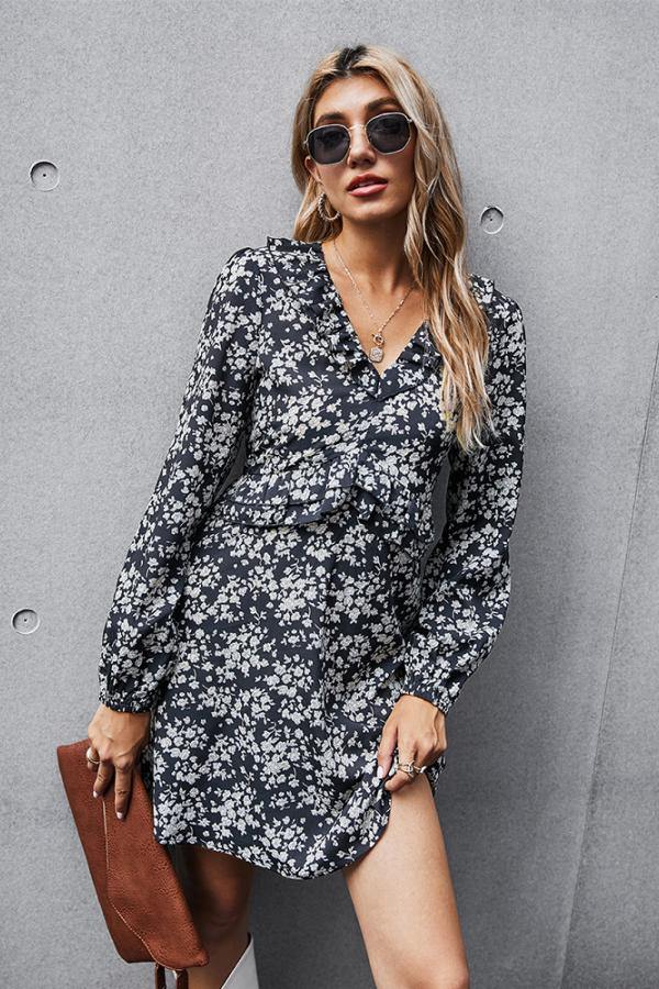 Dainty Floral Ruffled V-Neck Dress