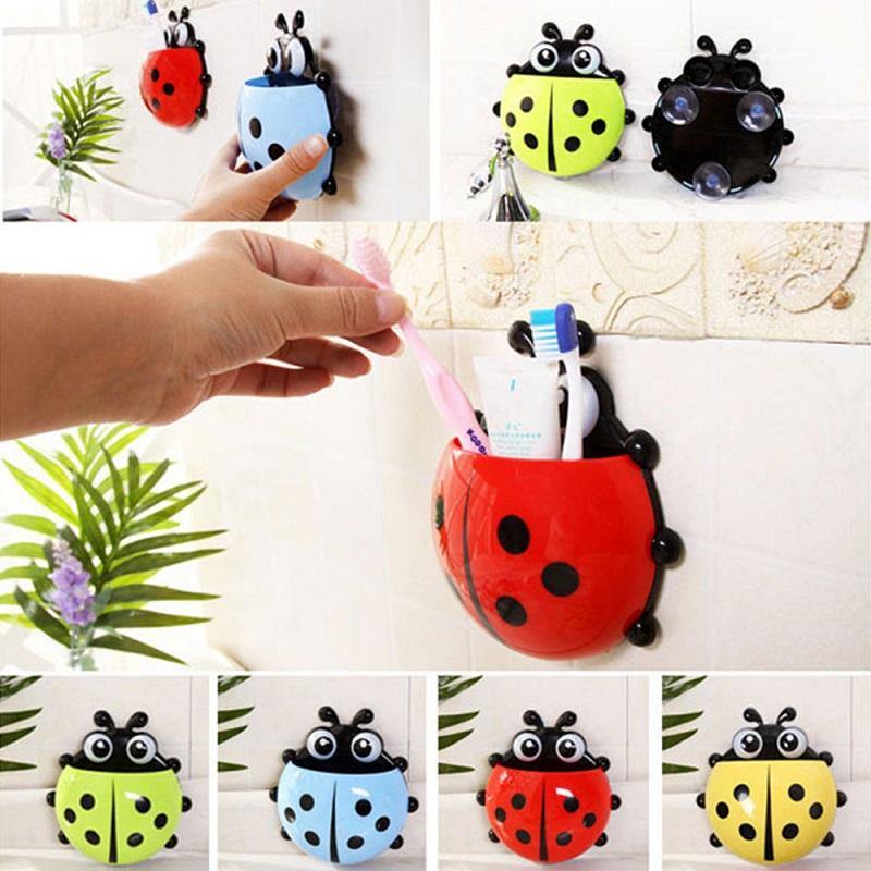 4 Color Toothbrush Cup Holder Storage Rack for Home Bathroom Organizer Ladybug Toothbrush Holder Strong Suction Cup Creative Cartoon PVC Wall Mount