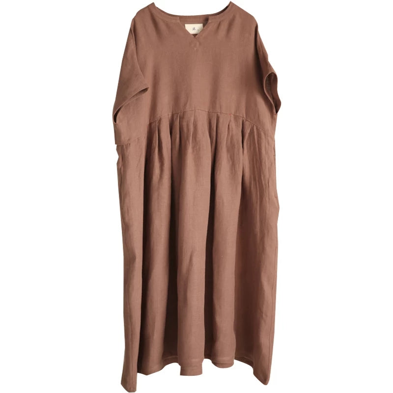 Coffee Loose Style Linen Dresses, Summer long Women Dresses ,Short Sleeve Maxi Dress 90423