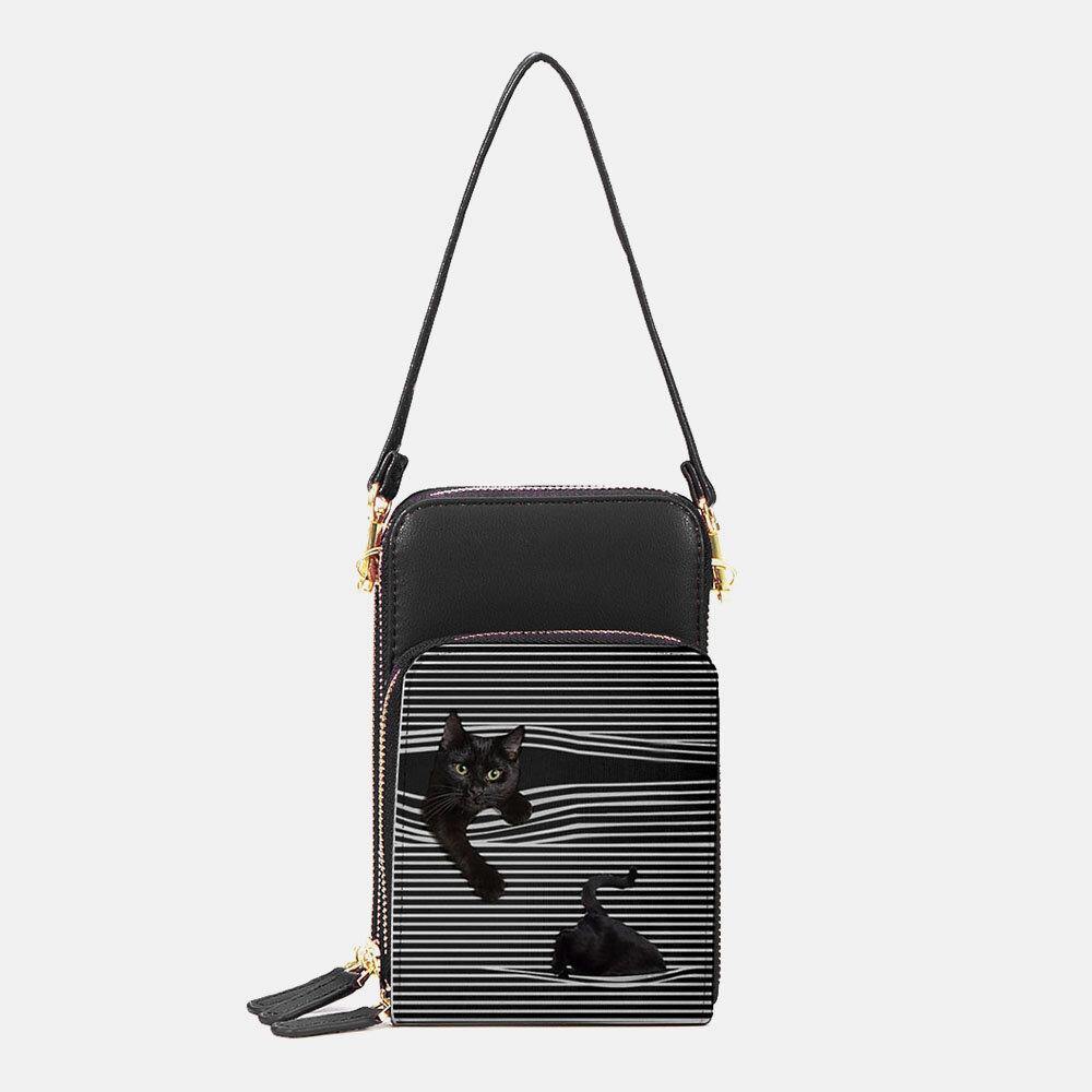 Women Faux Leather Casual Cute Black Cat and Stripes Pattern Adjustable Shoulder Bag Crossbody Bag