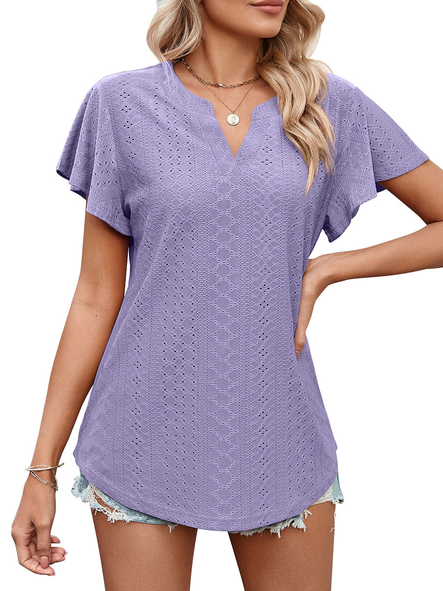 Women’s T-Shirts Solid Color Hollow V-Neck Ruffle Sleeve Casual T-Shirt