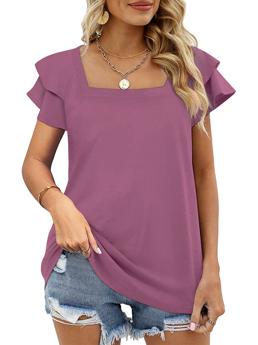 Women’s T-Shirts Solid Color Square Neck Double Layer Petal Sleeve T-Shirt