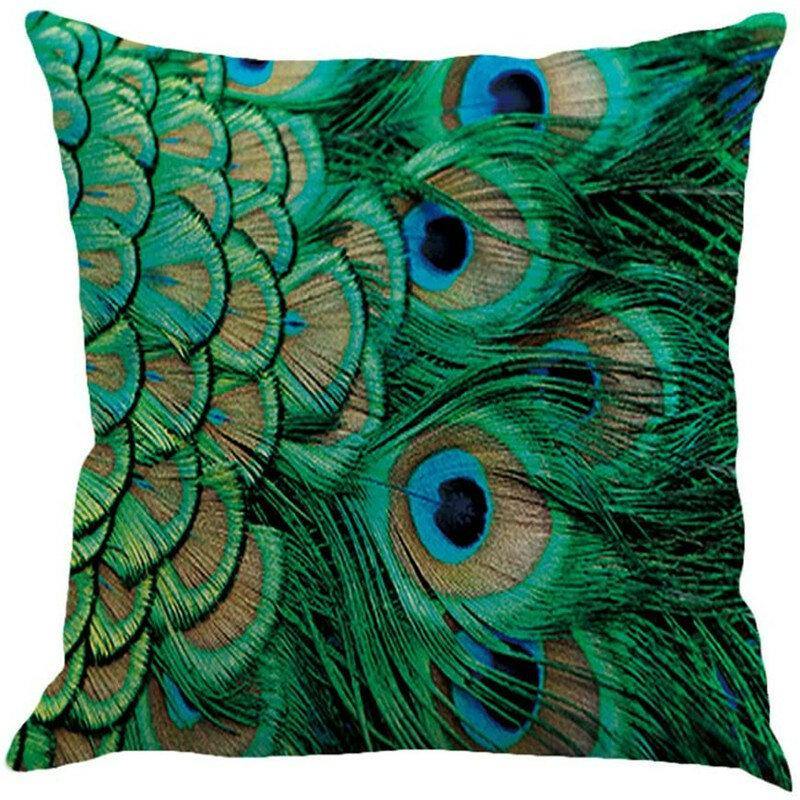 Linen Cushion Cover Peacock Feather Throw Pillow Case Home Sofa Cover