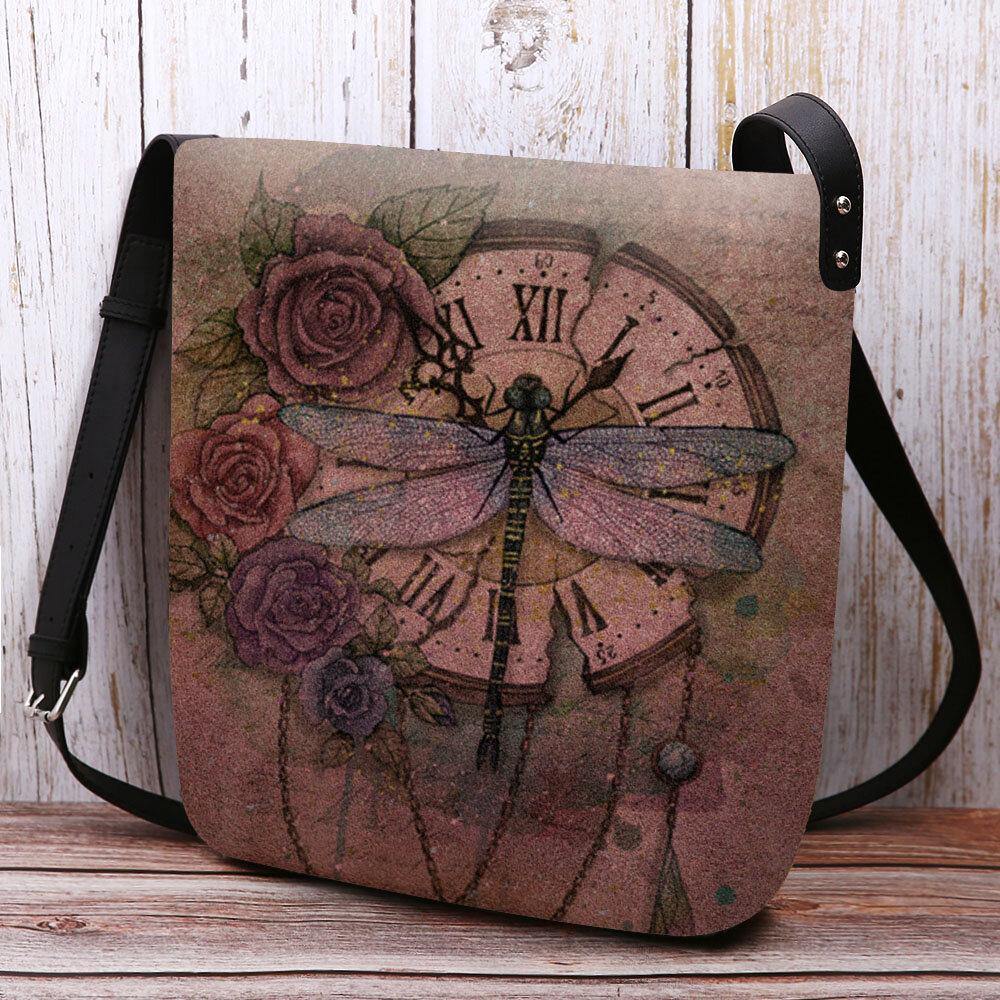 Bolso bandolera con estampado de flores de libélula 3D Vintage informal de fieltro para mujer 