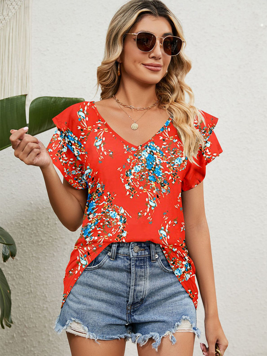 Women’s T-Shirts Print V-Neck Double Layer Ruffle Sleeve Loose T-Shirt