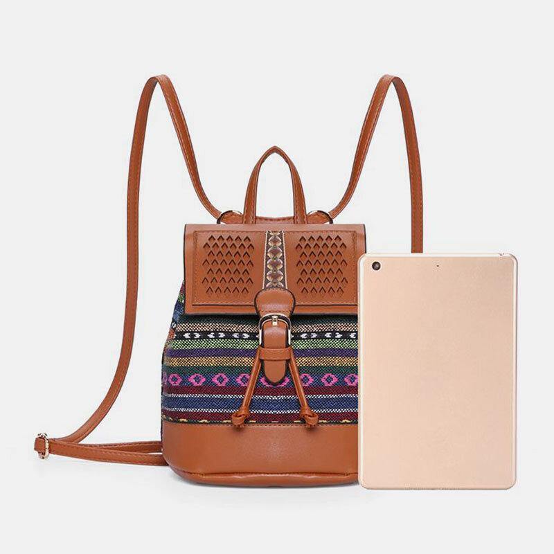 Women Hollow Stitching Ethnic Style Straw Bag Backpack Woven Shoulder Bag Bucket Bag