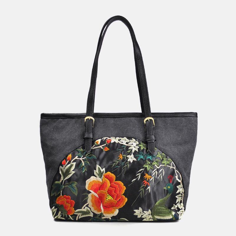 Bolso de mano de gran capacidad con bordado Floral de estilo étnico de lona para mujer 