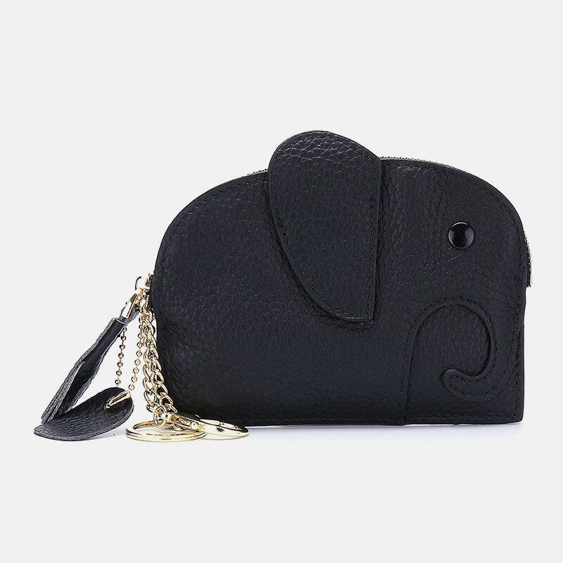 Women Genuine Leather Casual Cute Animal Elephant Pattern Mini Keychain Coin Bag Storage Bag