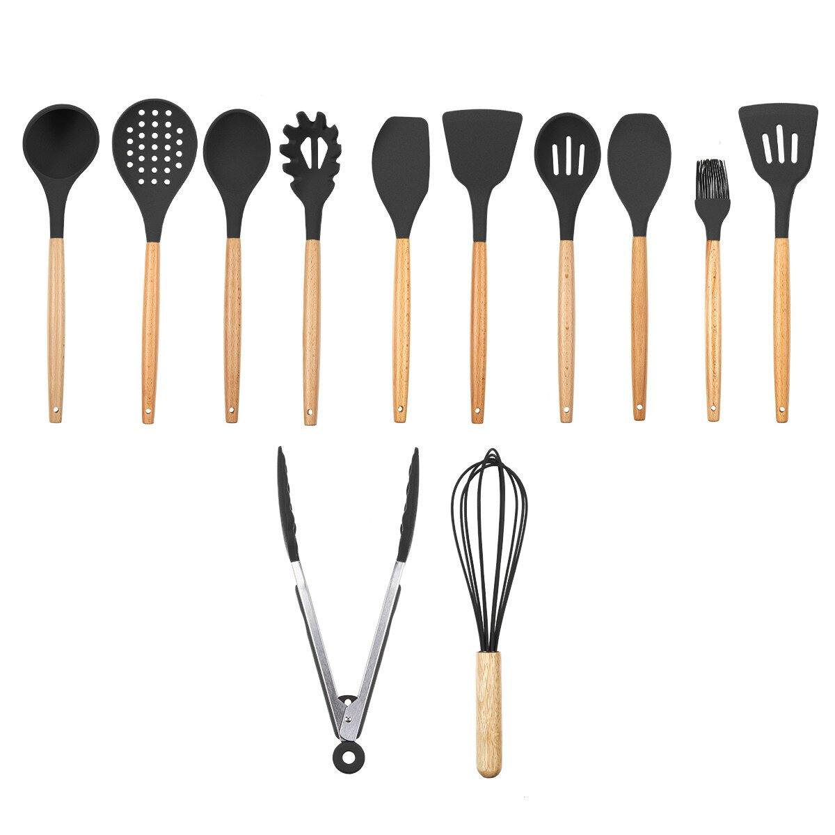 12pcs Wooden Silicone Kitchen Utensil Nonstick Cooking Tool Spoon Soup Ladle Turner Spatula Tong Cookware Baking Gadget