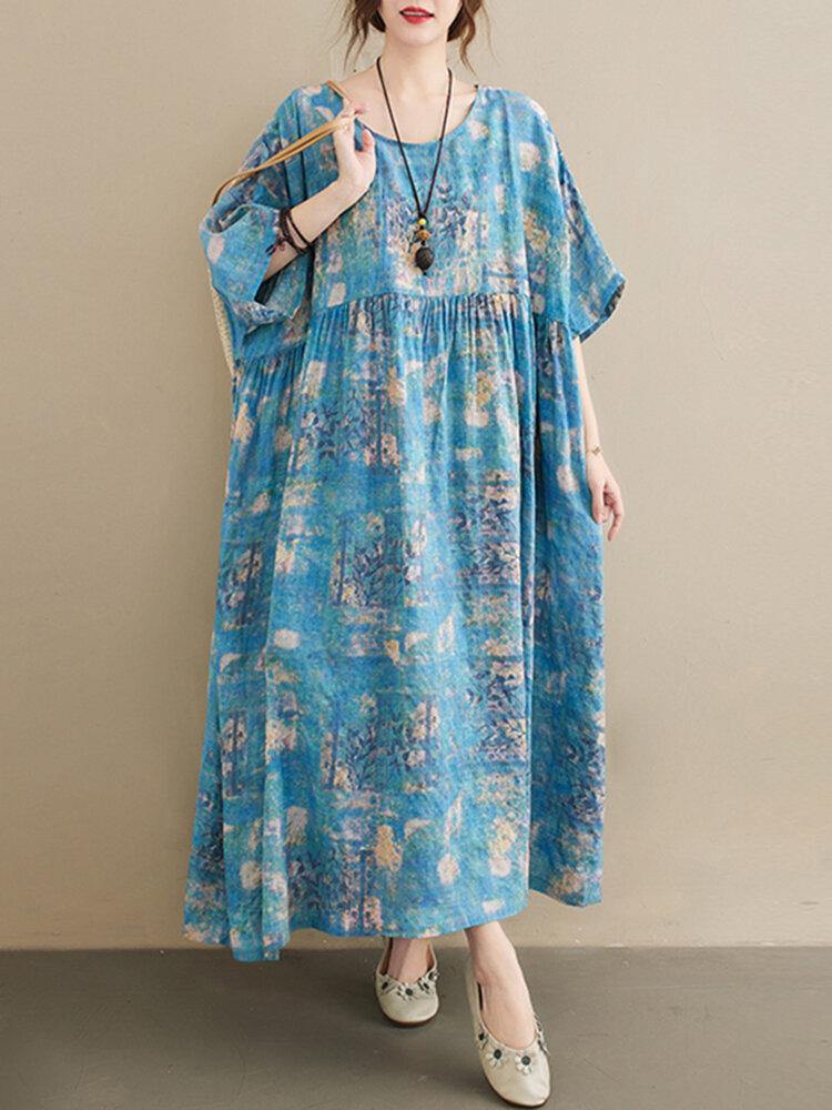 Casual Floral Printed Loose Fit O-Neck Maxi Dress For Women