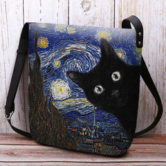 Las mujeres sintieron lindo patrón de gato de dibujos animados casual con pinturas de galaxia de noche estrellada bandolera bolso de hombro 