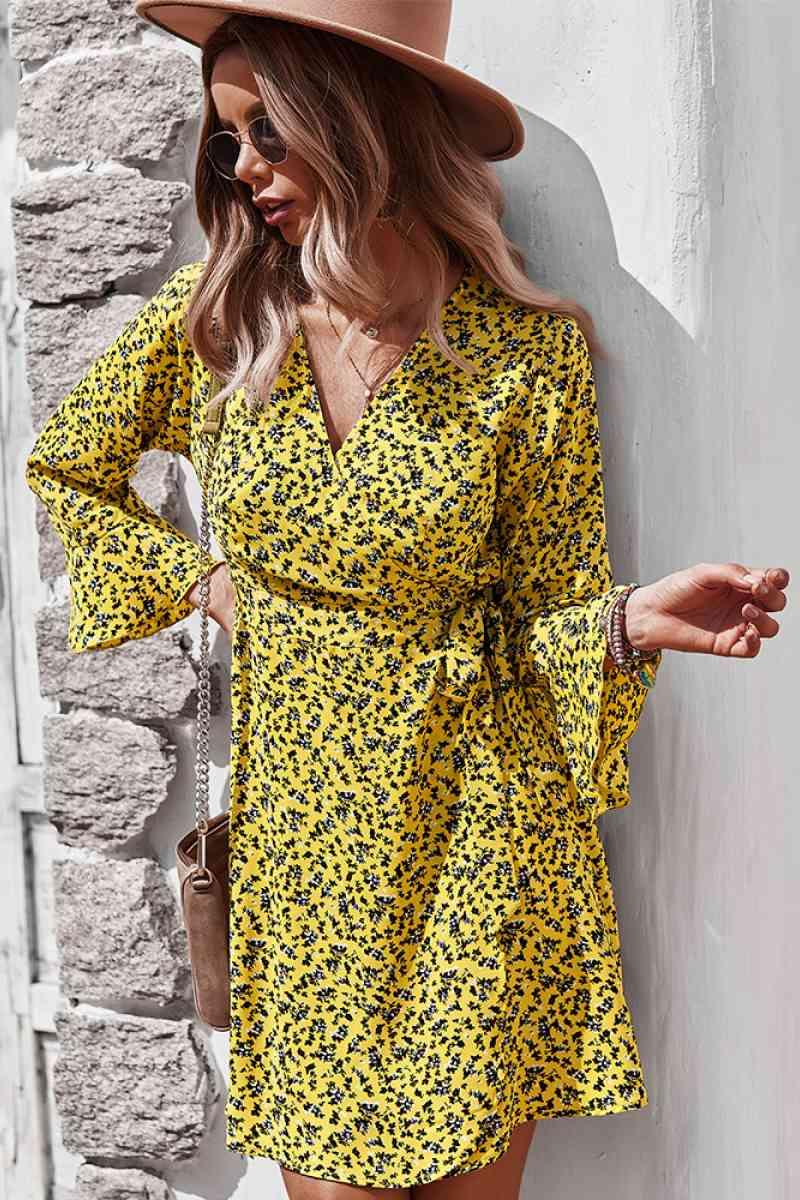 Floral Flare Sleeve Wrap Dress