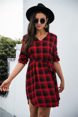 Gingham Tie Waist V Neck Dress