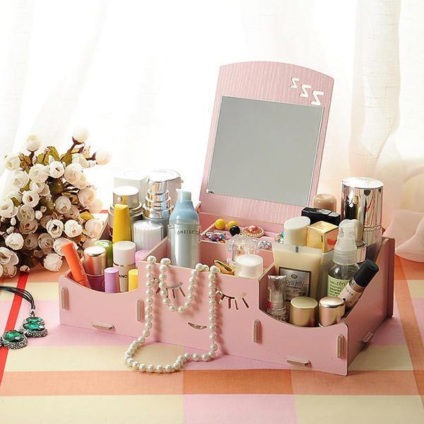 Creative Diy Wooden Cosmetic Storage Box Desktop Storage Container With Mirror Desktop Organizer