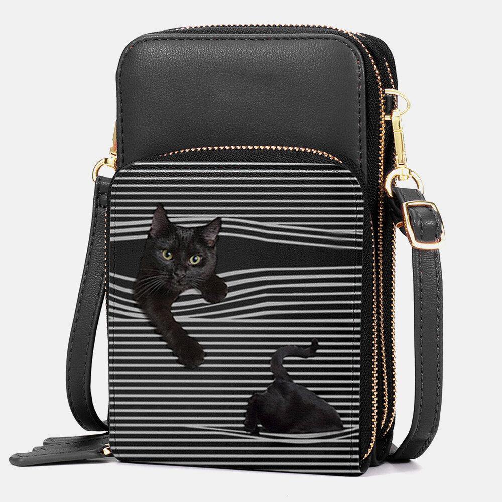 Women Faux Leather Casual Cute Black Cat and Stripes Pattern Adjustable Shoulder Bag Crossbody Bag