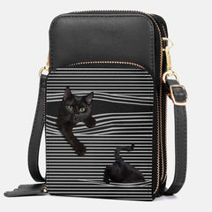 Women Faux Leather Casual Cute Black Cat and Stripes Pattern Adjustable Shoulder Bag Crossbody Bag