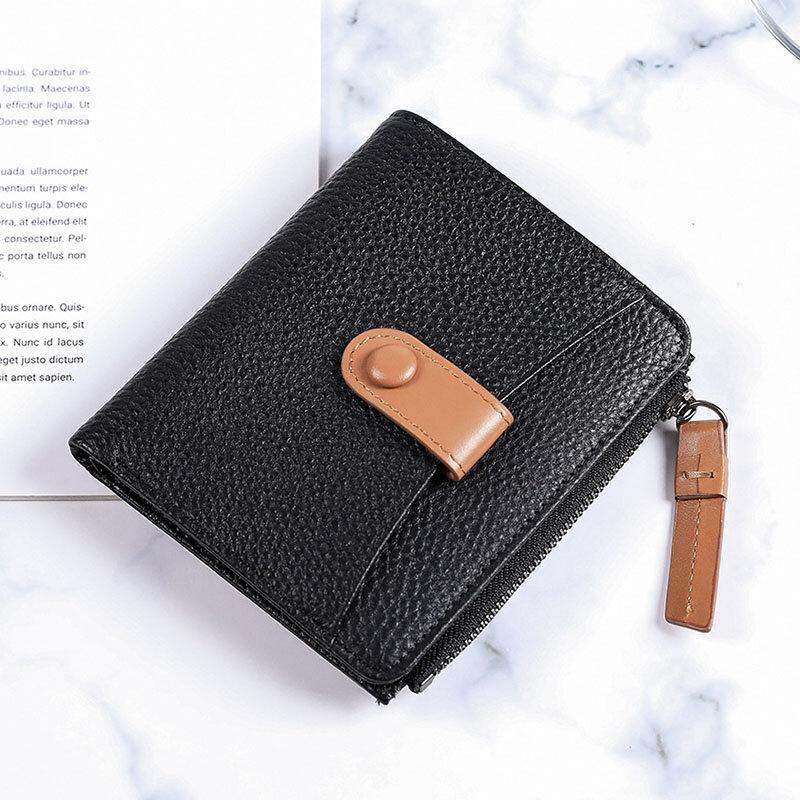 Women Genuine Leather Bifold Hasp Zipper Multifunction Coin Purse Money Clip Short Wallet