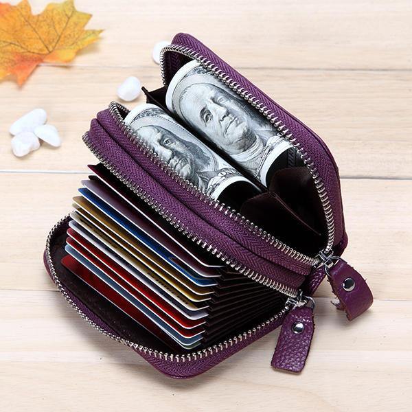 Genuine Leather RFID Double Zipper 11 Card Holder Coin Bag