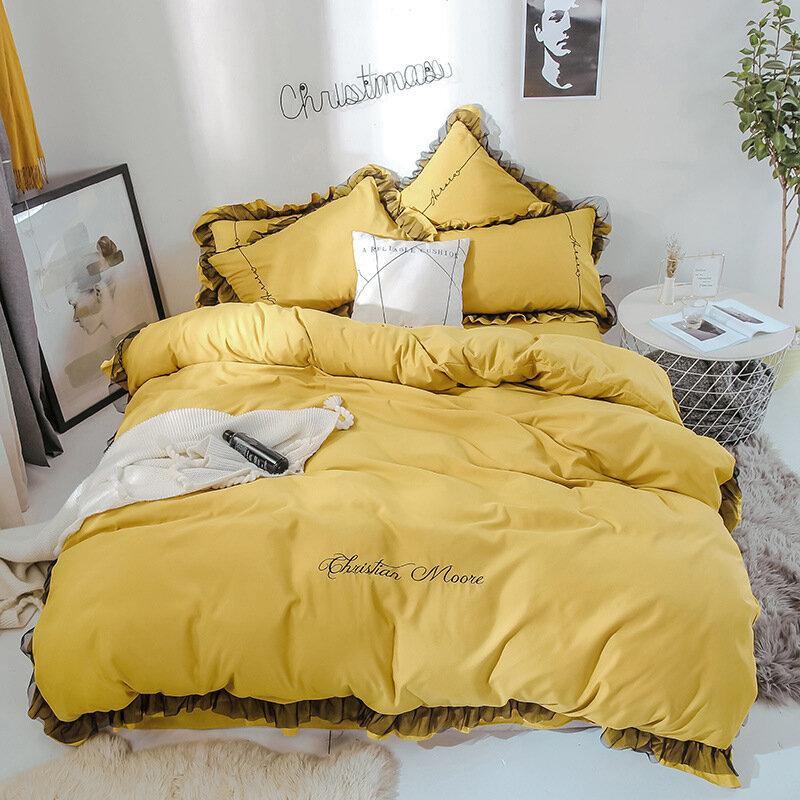 4PCS Solid Color Embroidery Lace Purfle Bedding Set Soft-smooth Duvet Cover Sheet Pillowcases King /Queen Size