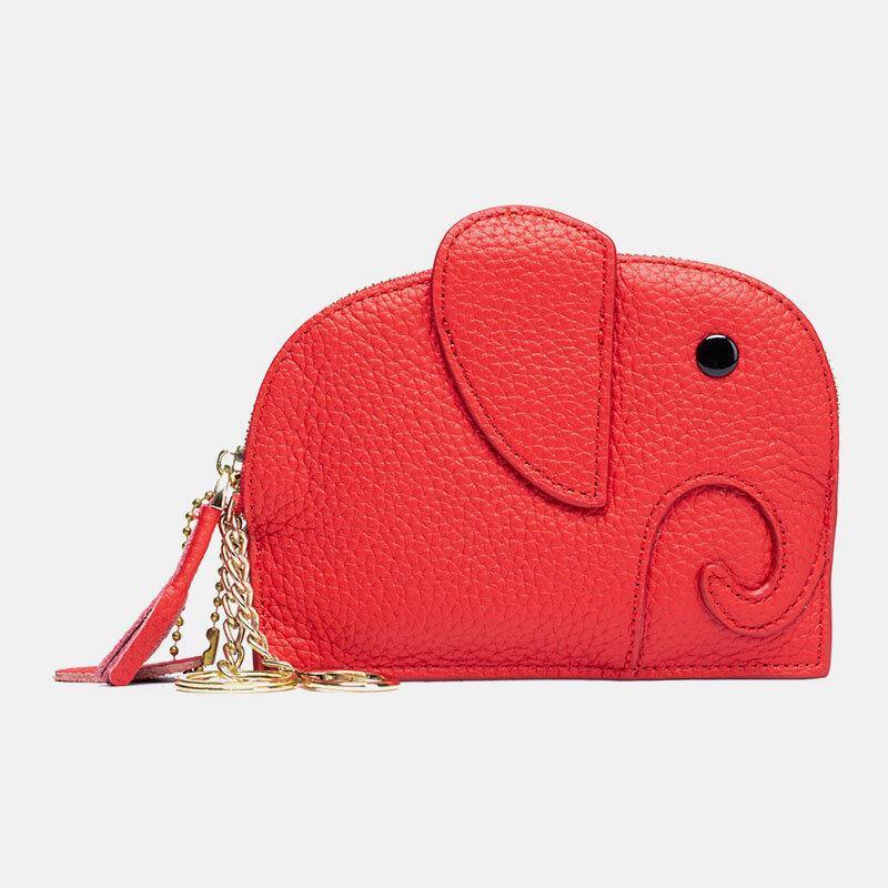 Women Genuine Leather Casual Cute Animal Elephant Pattern Mini Keychain Coin Bag Storage Bag