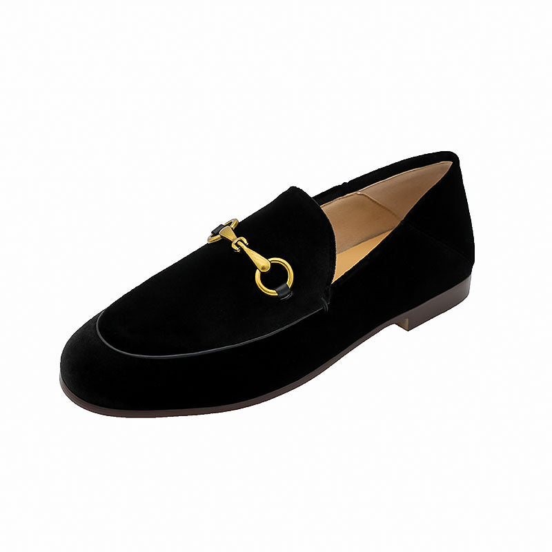 Klassische Damen-Loafer aus Samt mit Metallschnalle, flache Schuhe