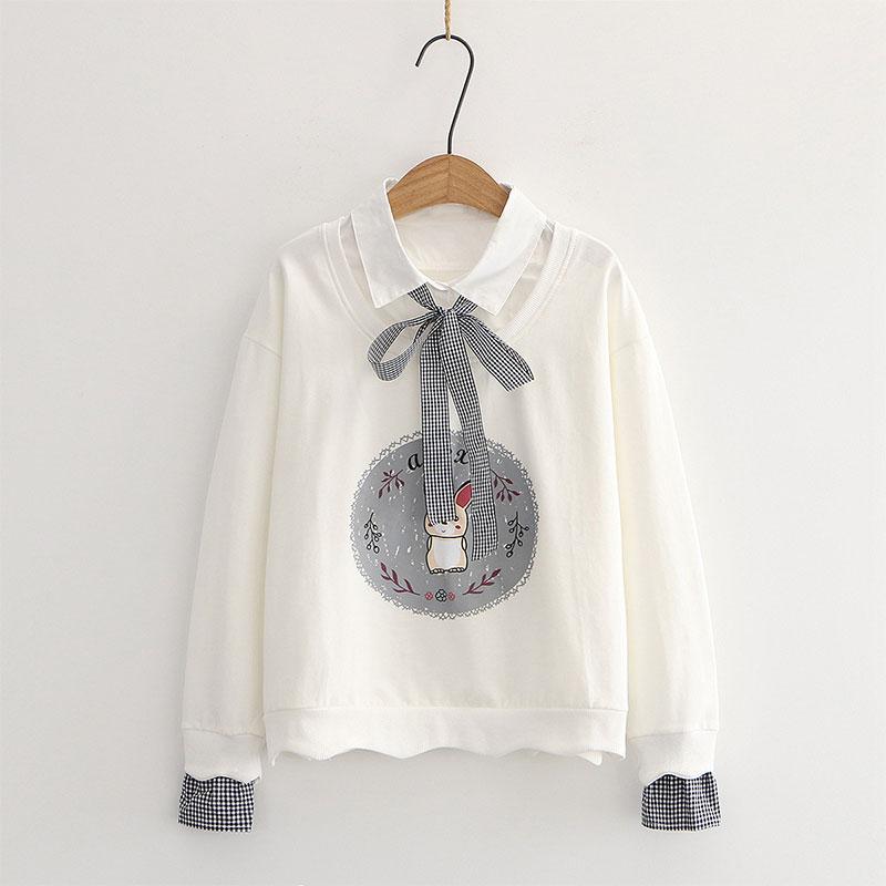 Kawaii Bow Tie Bunny Print Sweatshirt