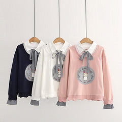 Kawaii Bow Tie Bunny Print Sweatshirt