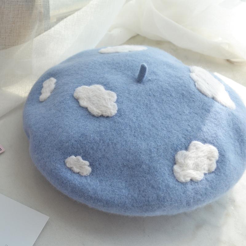 Women Handmade White Cloud Beret Hat Soft Wool Cap Winter Warm Beret Cap