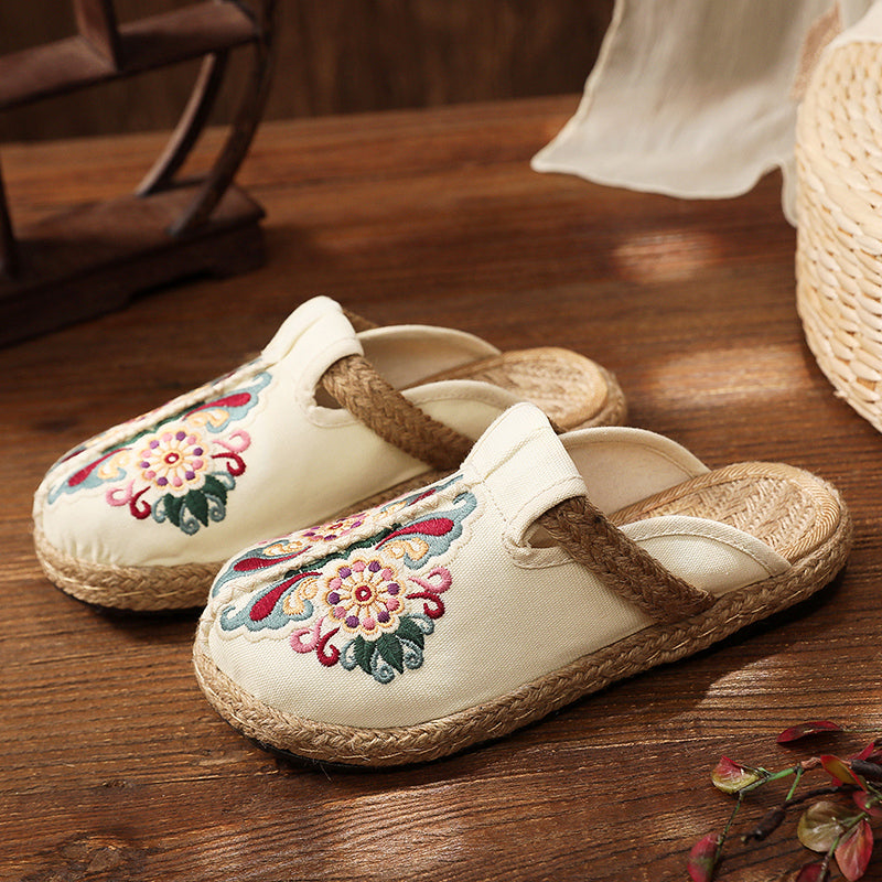 Summer Slippers Hand-woven Flower Embroidered Mules