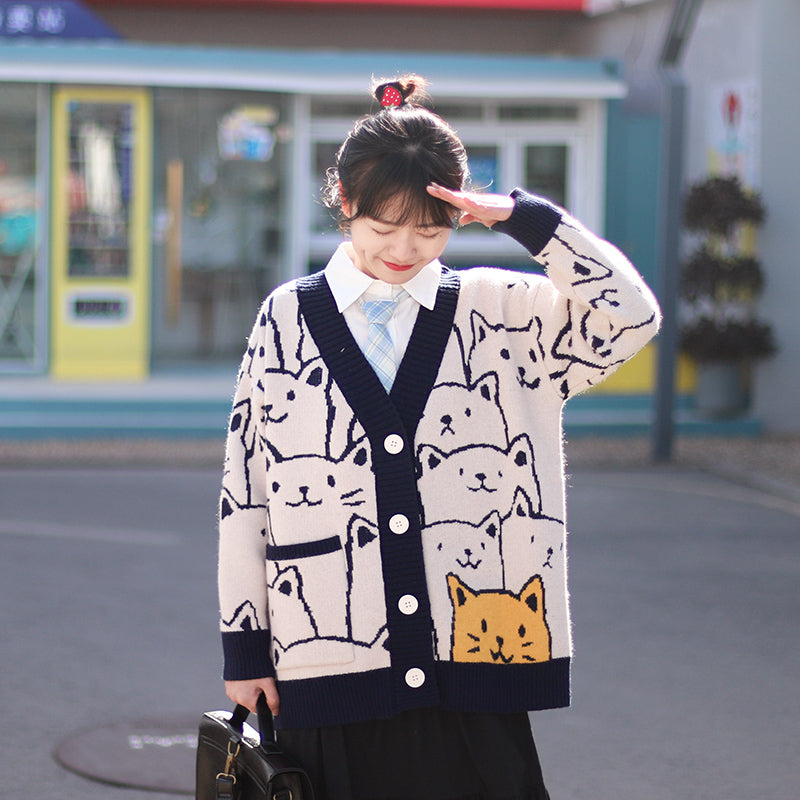 Spring Cute Cat Printed Cardigan Sweater