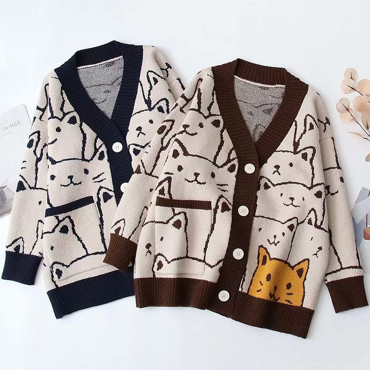 Spring Cute Cat Printed Cardigan Sweater