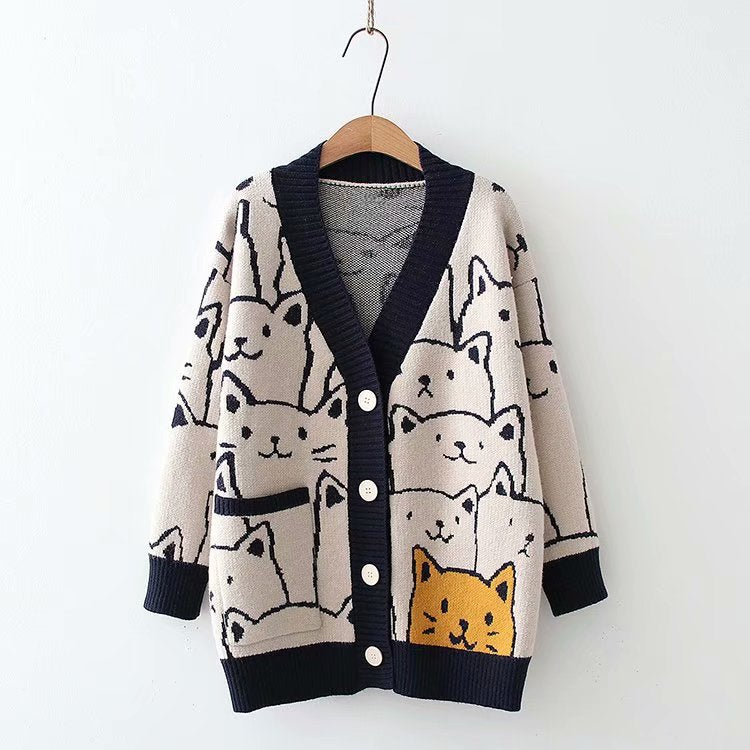 Spring Cute Cat Printed Cardigan Sweater