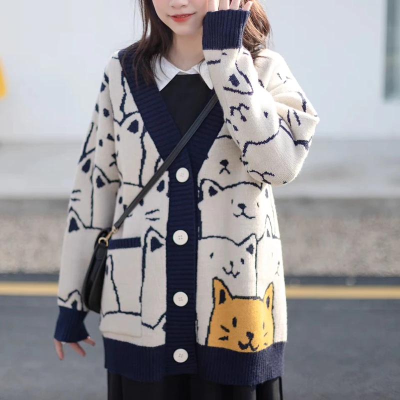 Spring Cute Cat Printed Cardigan Sweater