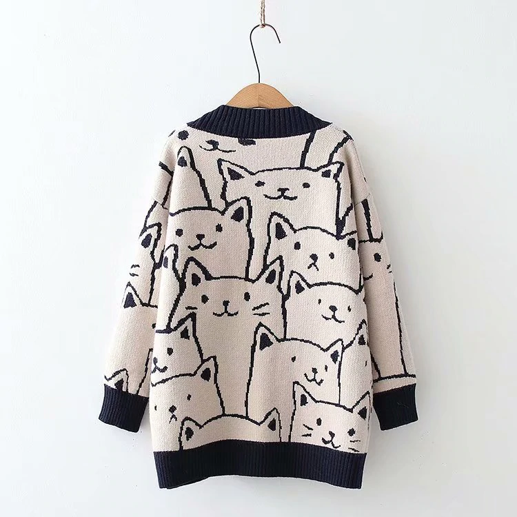 Spring Cute Cat Printed Cardigan Sweater