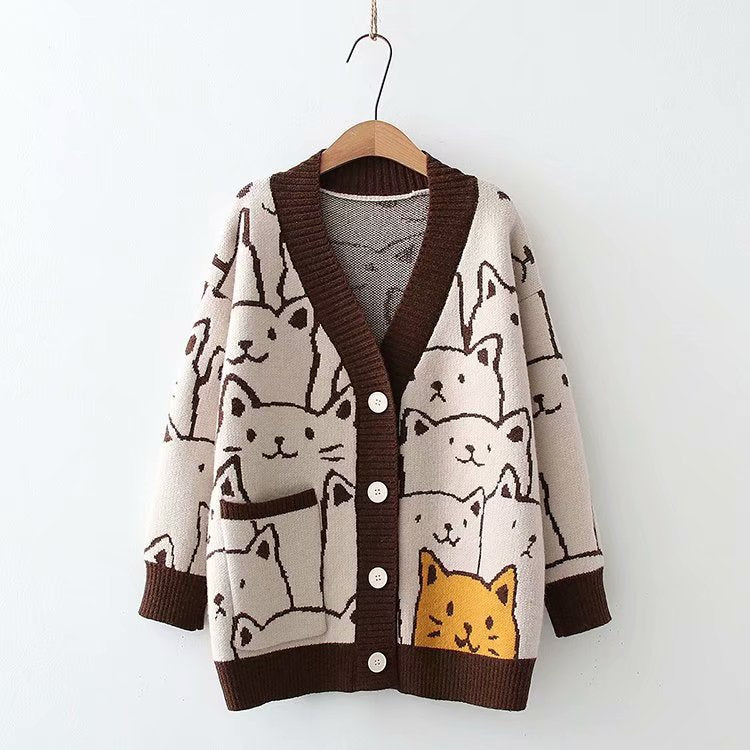 Spring Cute Cat Printed Cardigan Sweater